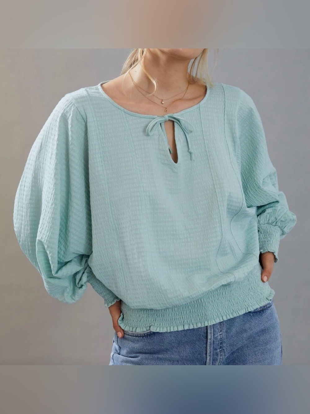 ANTHROPOLOGIE Rebecca Smocked Top in Mint • Oversized Peasant Blouse M